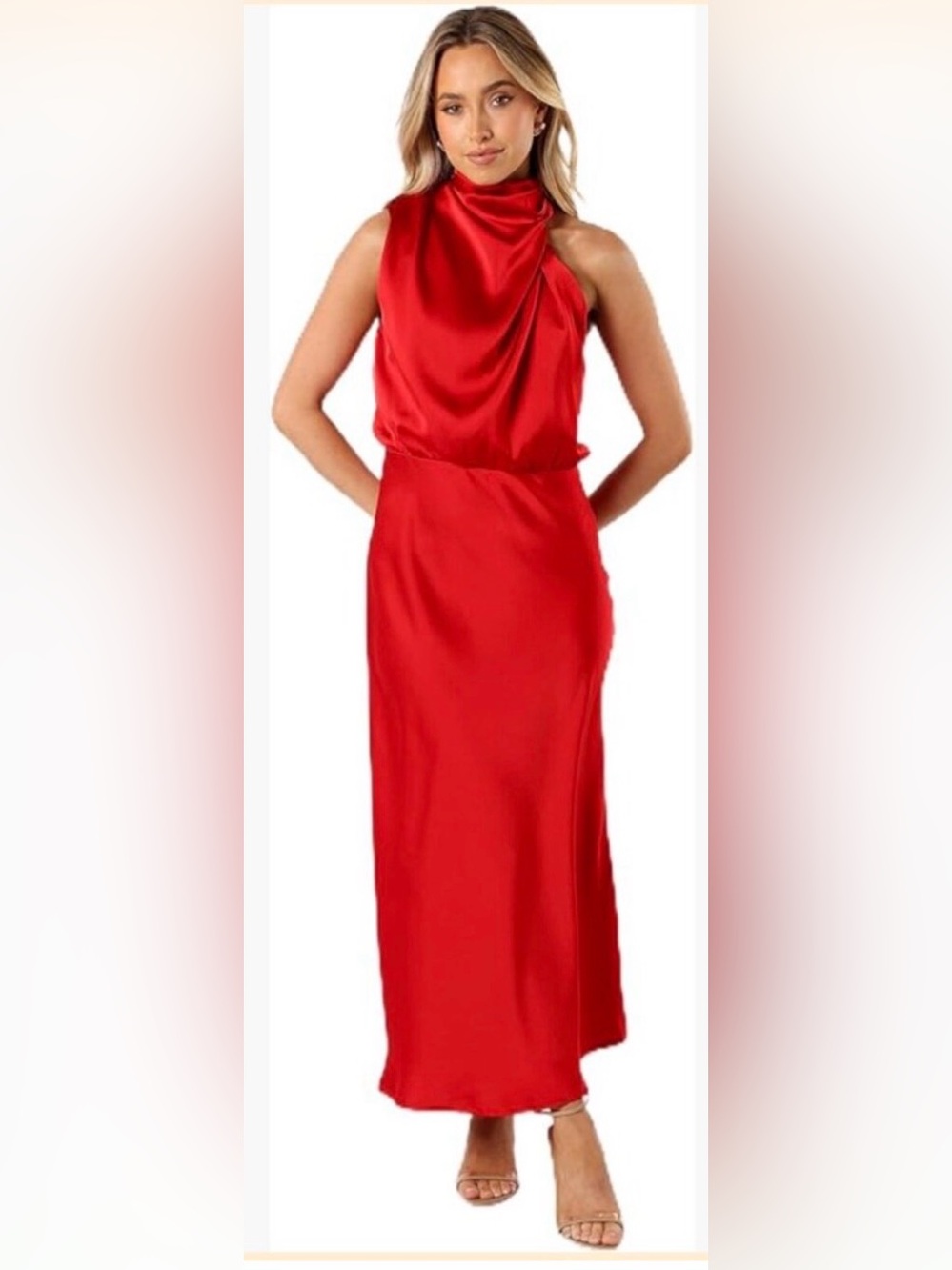 Petal & Pup Red Satin High-Neck Maxi Dress